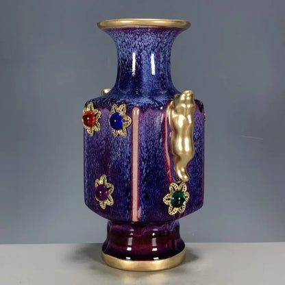 Purple & blue jun porcelain gilded gemstone vase living room decor