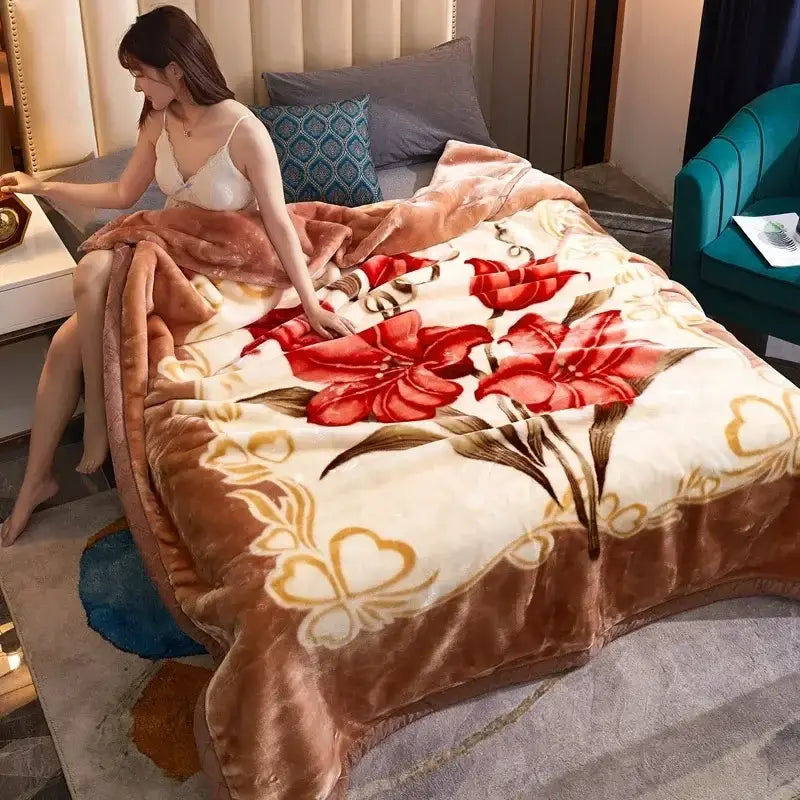 Purple & cream double layer raschel blanket bedroom throw