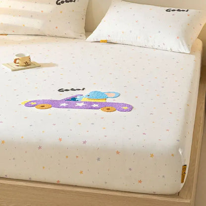 Purple elephant cartoon embroidered fitted sheet bedroom cotton bedding