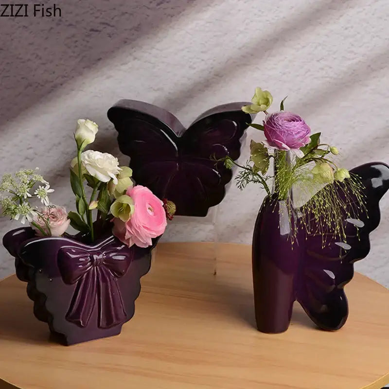 Purple glossy dark butterfly ceramic bow vase living room decor