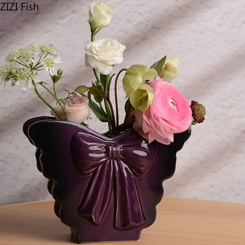 Purple glossy dark butterfly ceramic bow vase living room decor