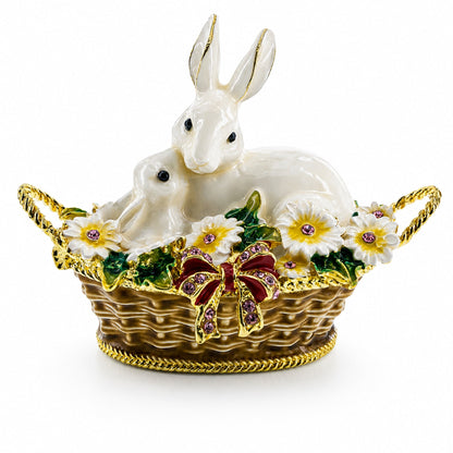 White Bunny Family in Easter Basket Trinket Box Figurine 2.5 Inches