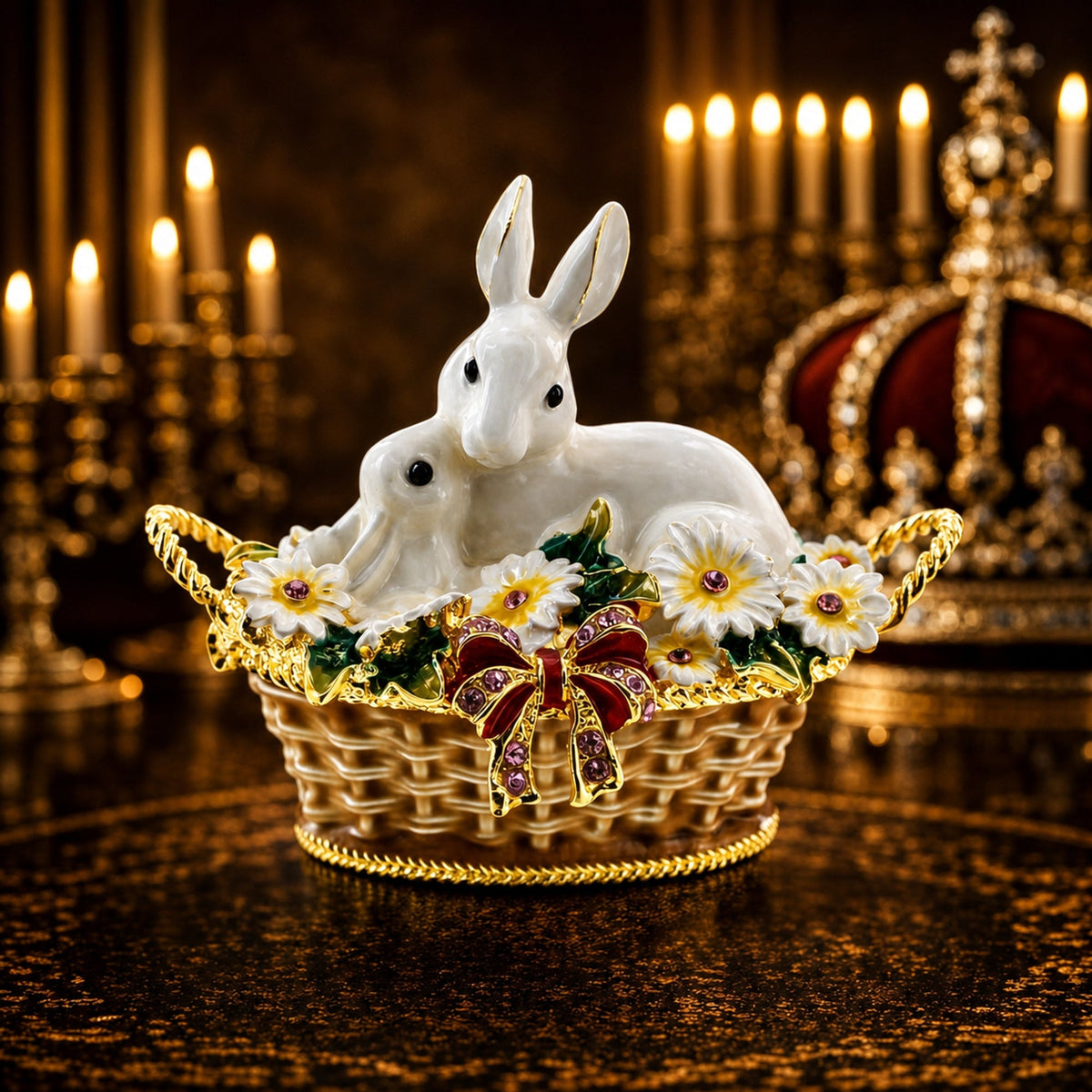 White Bunny Family in Easter Basket Trinket Box Figurine 2.5 Inches