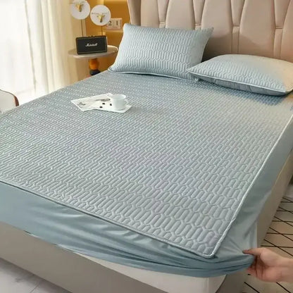 Quilted blue latex fitted sheet set bedroom cooling mattress pad