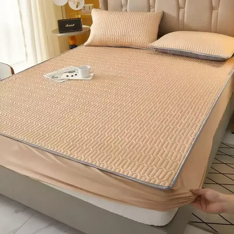 Quilted blue latex fitted sheet set bedroom cooling mattress pad
