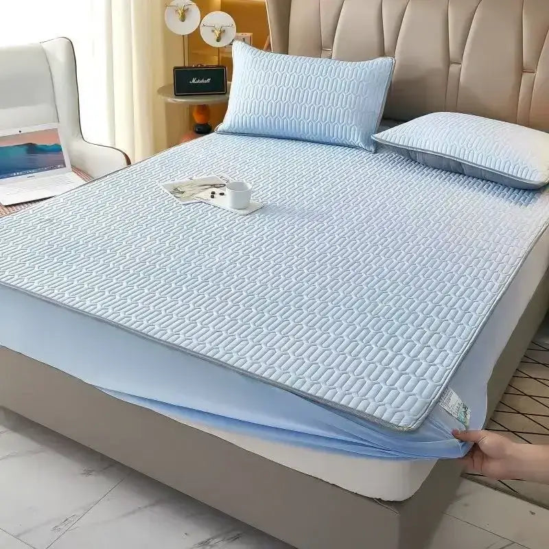 Quilted blue latex fitted sheet set bedroom cooling mattress pad