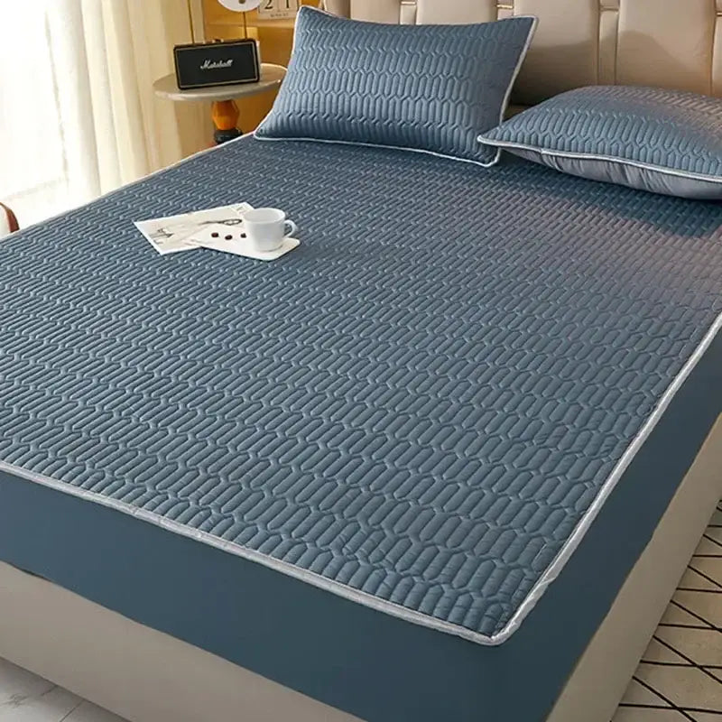 Quilted blue latex fitted sheet set bedroom cooling mattress pad