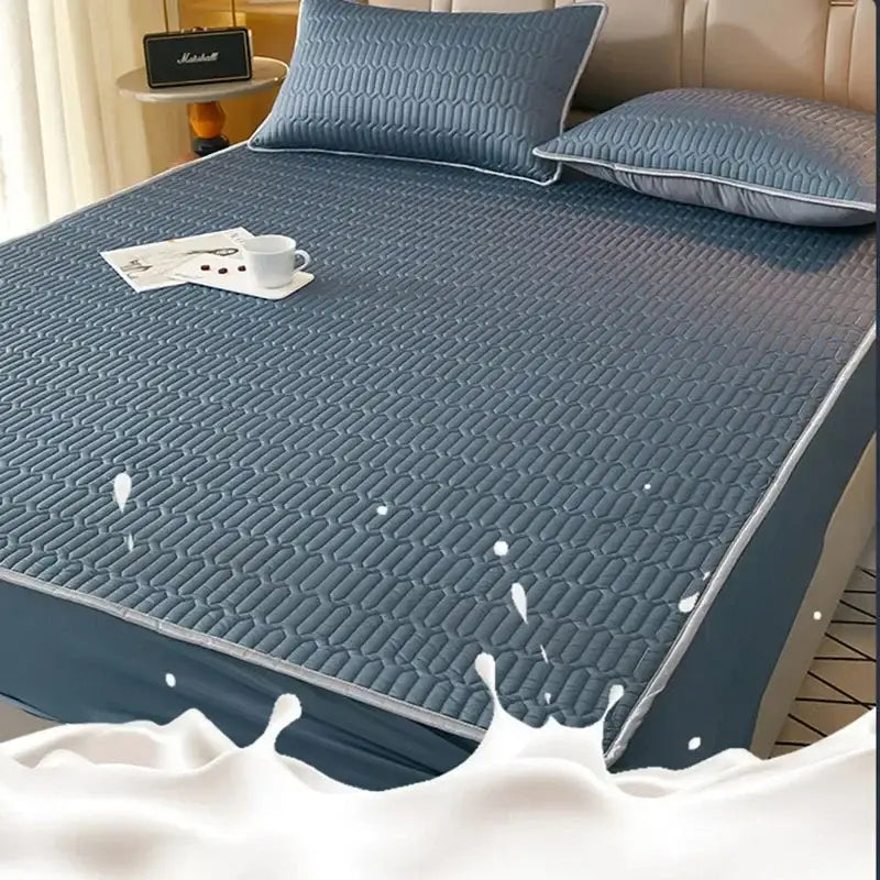 Quilted blue latex fitted sheet set bedroom cooling mattress pad