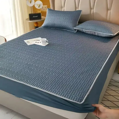 Quilted blue latex fitted sheet set bedroom cooling mattress pad