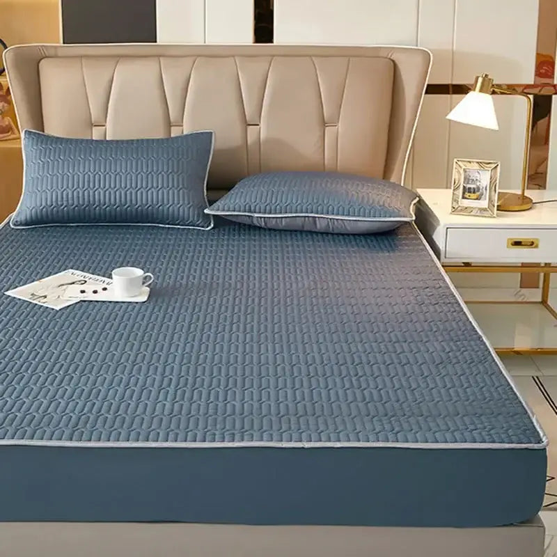 Quilted blue latex fitted sheet set bedroom cooling mattress pad