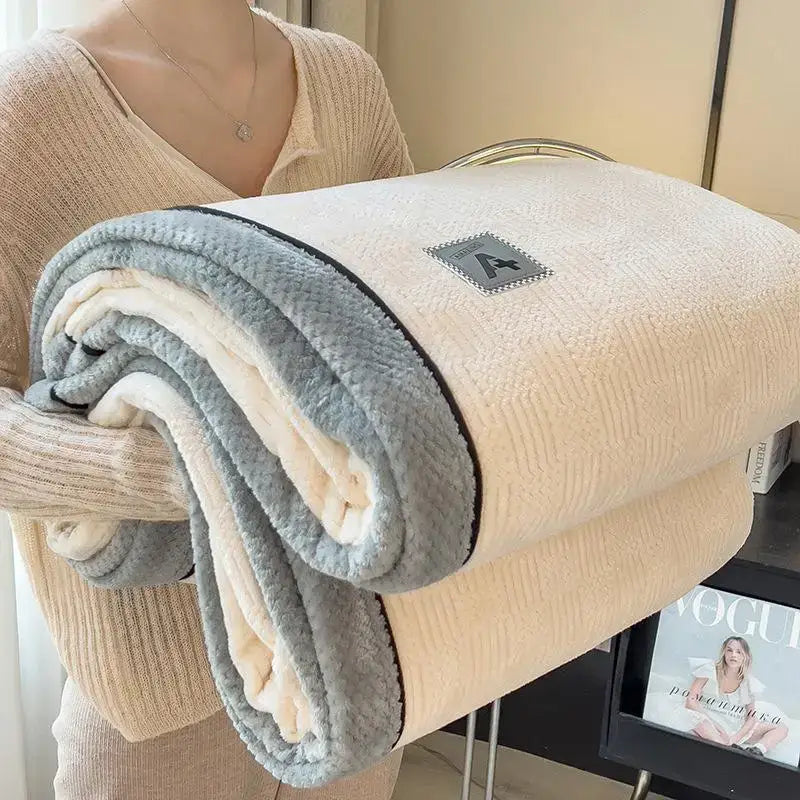 Quilted cream & gray plush blanket bedroom cozy cotton velvet
