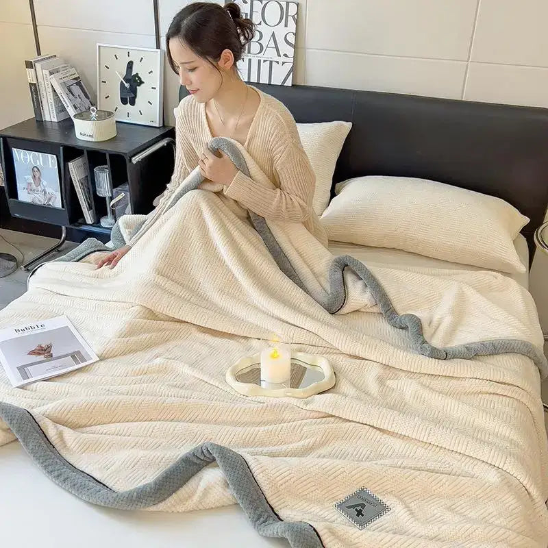 Quilted cream & gray plush blanket bedroom cozy cotton velvet