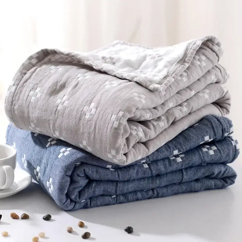 Quilted gray & blue cotton summer blanket bedroom bedspread