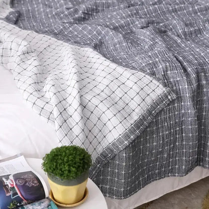 Quilted gray & blue cotton summer blanket bedroom bedspread