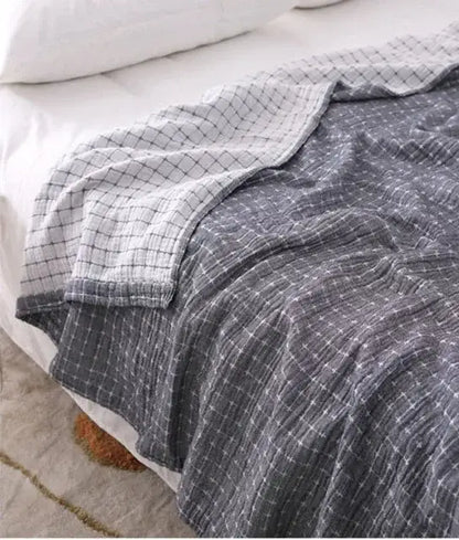 Quilted gray & blue cotton summer blanket bedroom bedspread