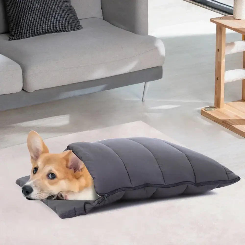 Quilted gray soft cat cave bed bedroom washable pet hideaway