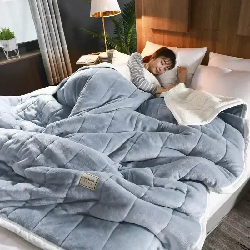 Quilted light blue & white coral fleece blanket bedroom bedding