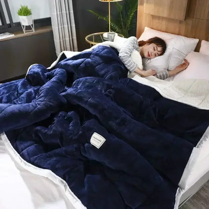 Quilted light blue & white coral fleece blanket bedroom bedding