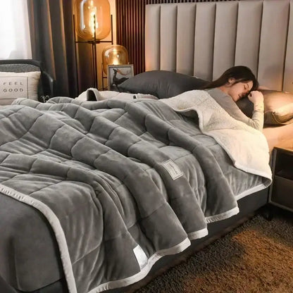 Quilted light blue & white coral fleece blanket bedroom bedding