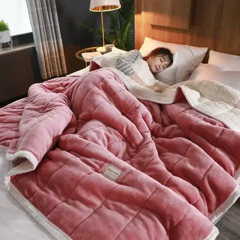 Quilted light blue & white coral fleece blanket bedroom bedding