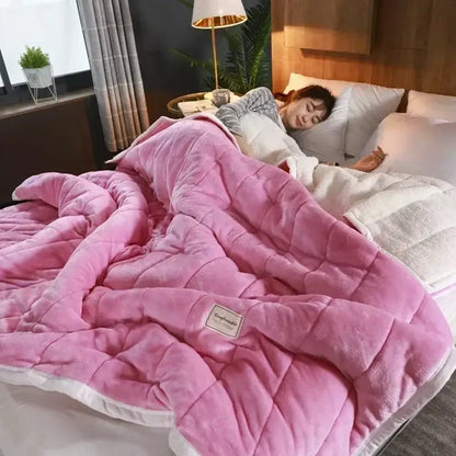 Quilted light blue & white coral fleece blanket bedroom bedding