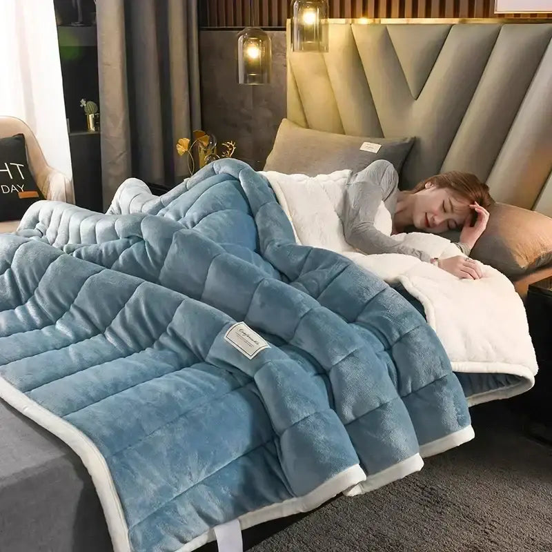 Quilted light blue & white coral fleece blanket bedroom bedding