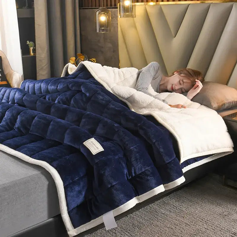 Quilted light blue & white cozy coral fleece bed blanket bedroom
