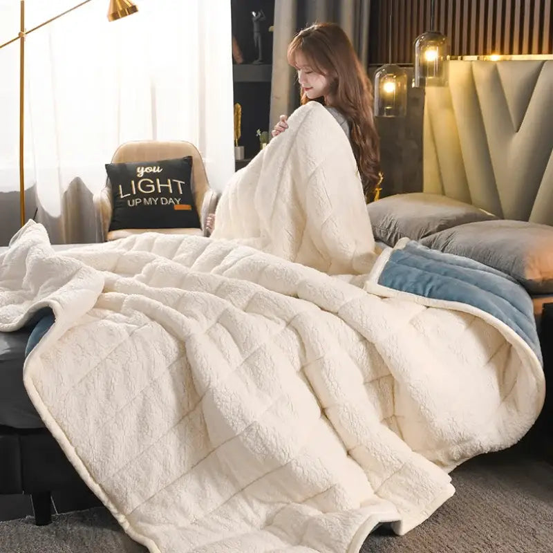 Quilted light blue & white cozy coral fleece bed blanket bedroom