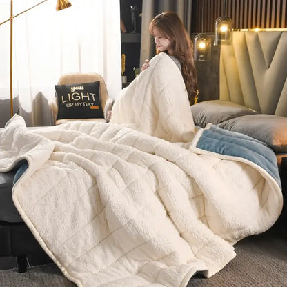 Quilted light blue & white cozy coral fleece bed blanket bedroom