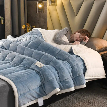 Quilted light blue & white cozy coral fleece bed blanket bedroom
