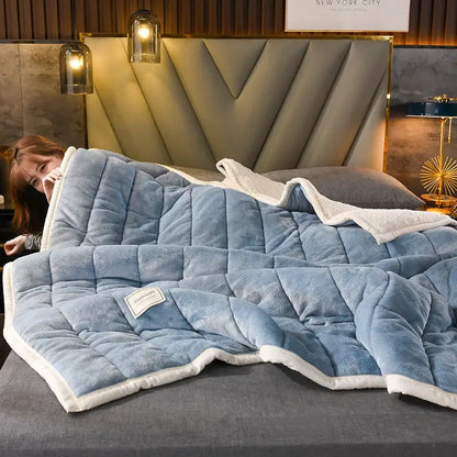 Quilted light blue & white cozy coral fleece bed blanket bedroom