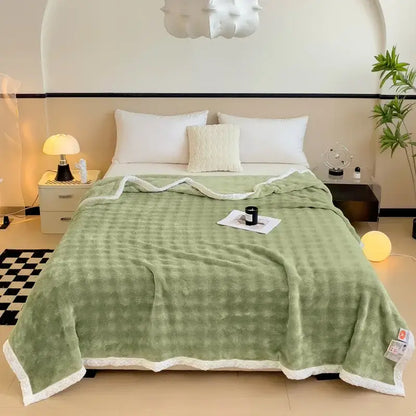 Quilted light blue & white imitation rabbit velvet warm bedroom blanket