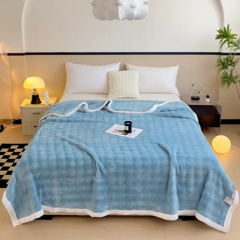 Quilted light blue & white imitation rabbit velvet warm bedroom blanket