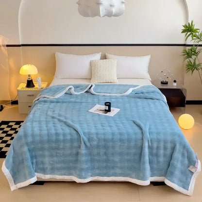 Quilted light blue & white imitation rabbit velvet warm bedroom blanket