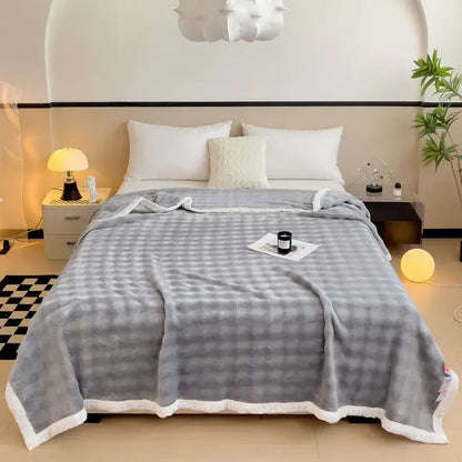 Quilted light blue & white imitation rabbit velvet warm bedroom blanket