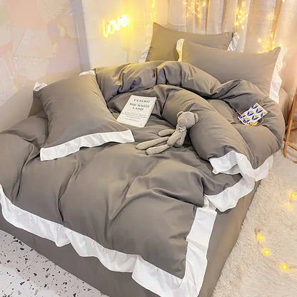 Quilted light blue & white ruffle duvet cover set bedroom bedding