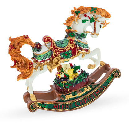 Christmas Horse Musical Figurine Resin Wind Up Holiday Decor 8 Inch