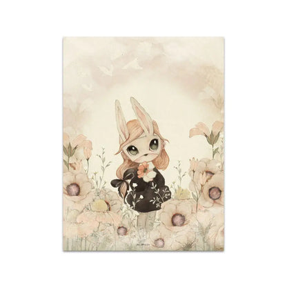 Beige rabbit girl canvas framed wall art set kids room