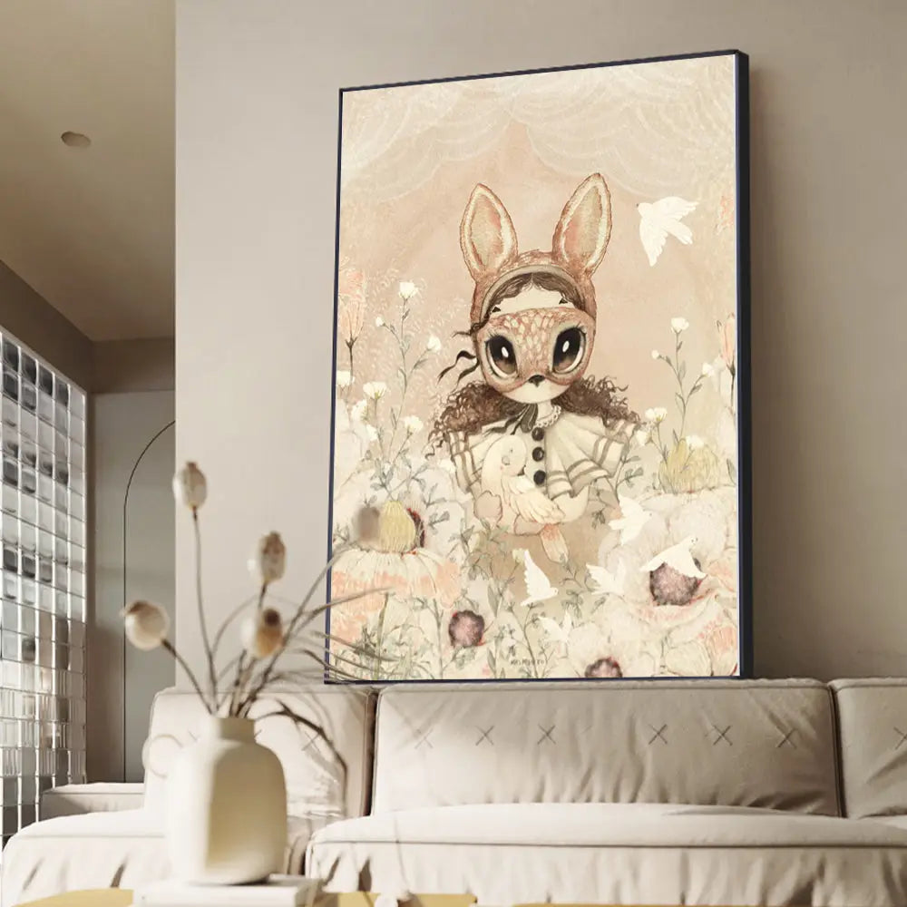 Beige rabbit girl canvas framed wall art set kids room