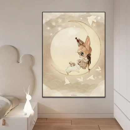 Beige rabbit girl canvas framed wall art set kids room