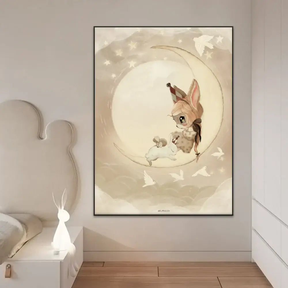 Beige rabbit girl canvas framed wall art set kids room