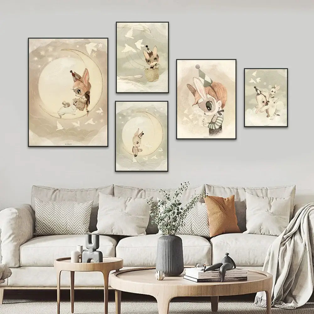 Beige rabbit girl canvas framed wall art set kids room