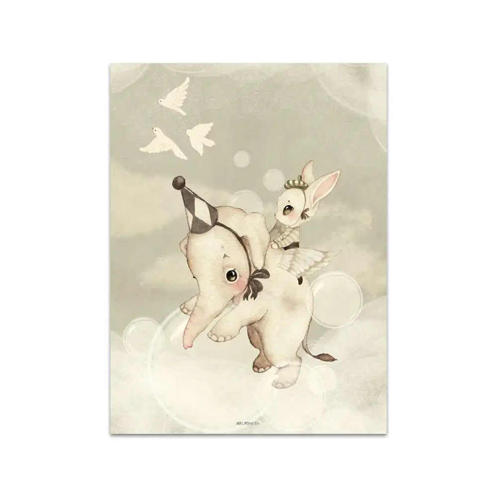 Beige rabbit girl canvas framed wall art set kids room