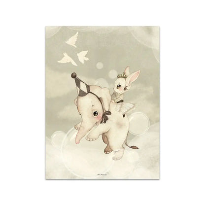 Beige rabbit girl canvas framed wall art set kids room
