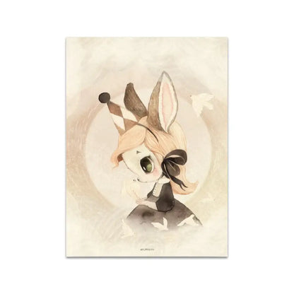 Beige rabbit girl canvas framed wall art set kids room