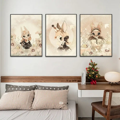 Beige rabbit girl canvas framed wall art set kids room