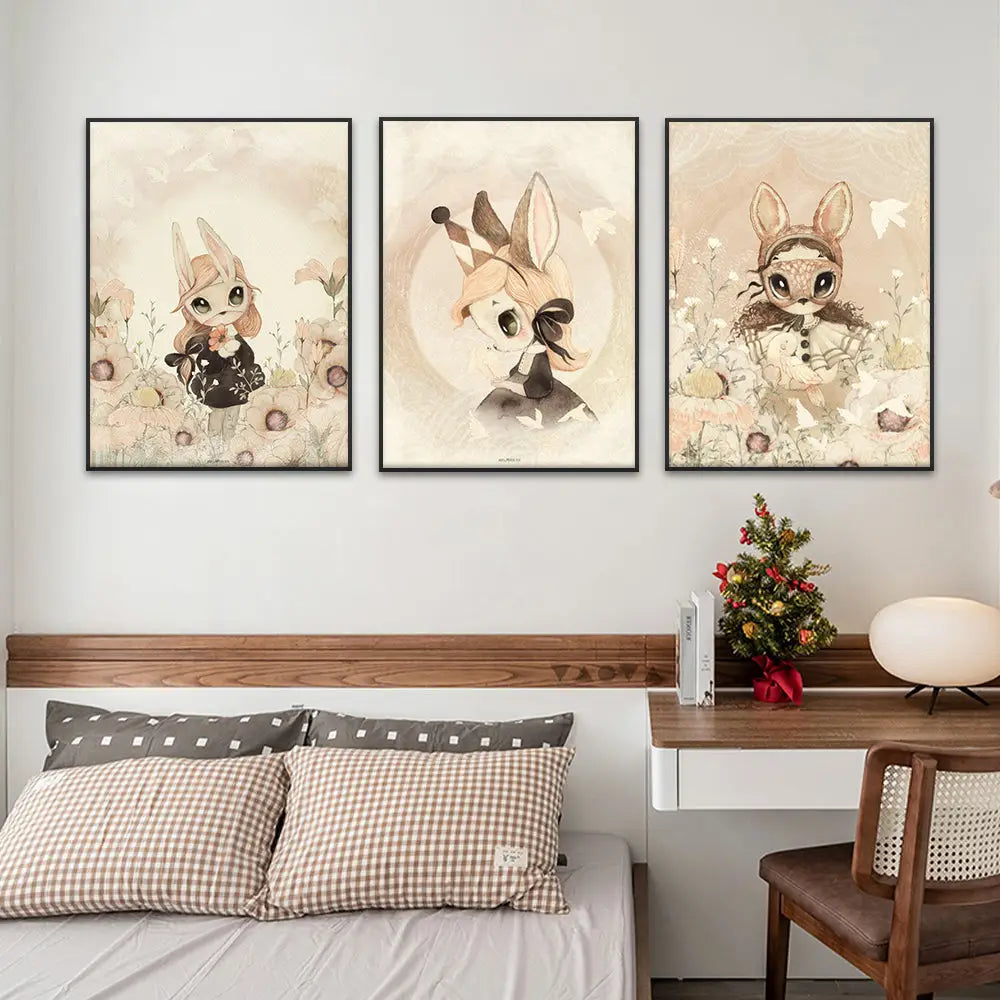 Beige rabbit girl canvas framed wall art set kids room