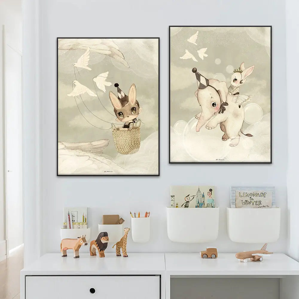 Beige rabbit girl canvas framed wall art set kids room