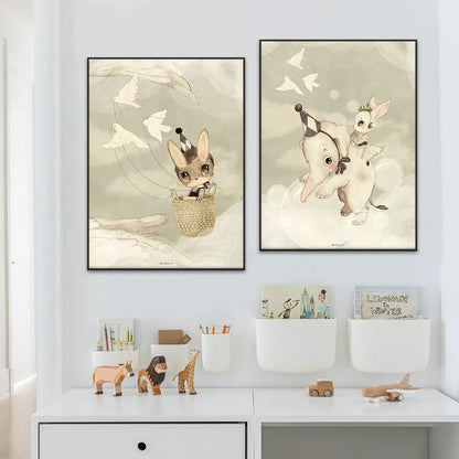 Beige rabbit girl canvas framed wall art set kids room