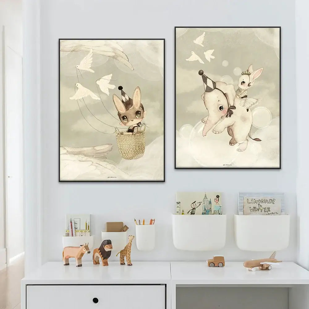 Beige rabbit girl canvas framed wall art set kids room